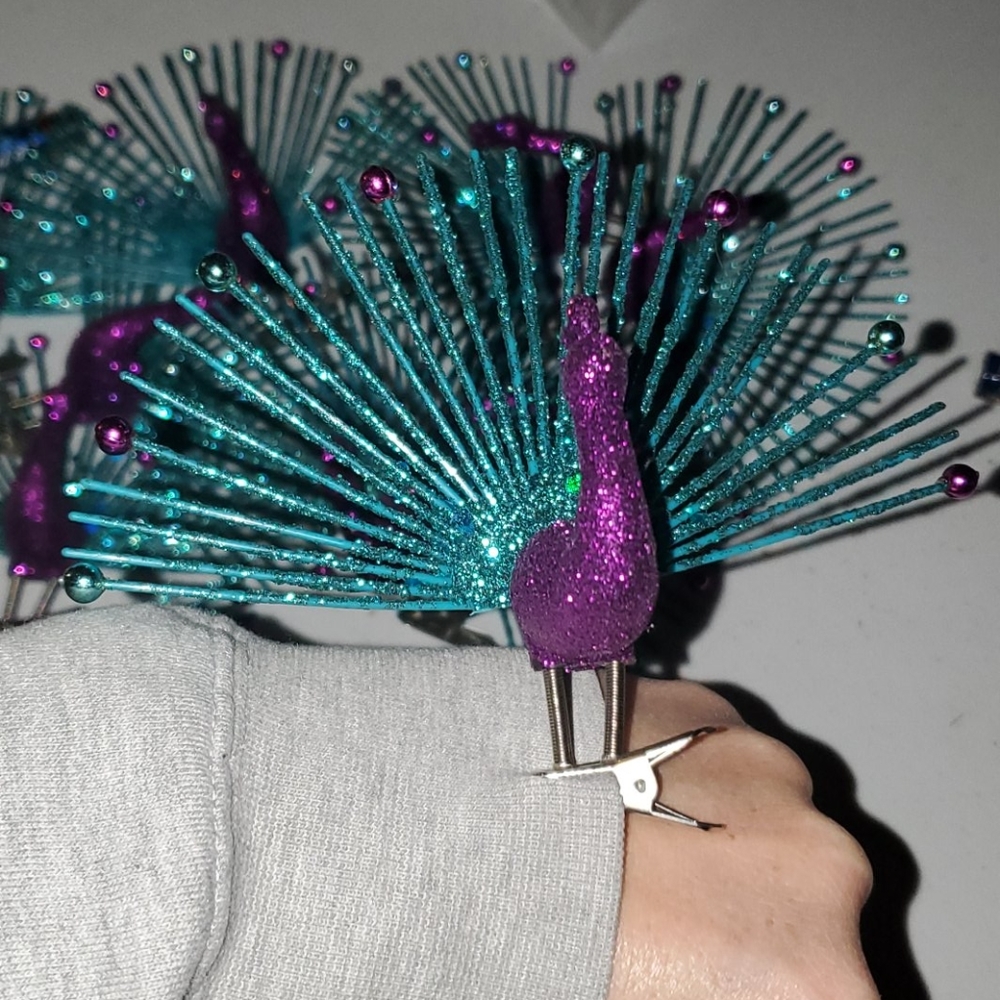 Glittery Peacock clip ornaments